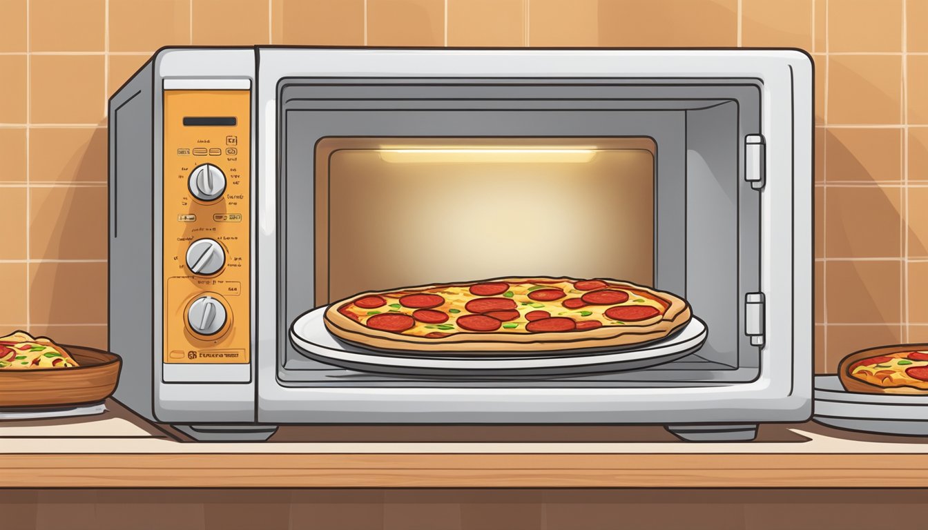 A slice of deep dish pepperoni pizza rotating on a microwave-safe plate inside a microwave