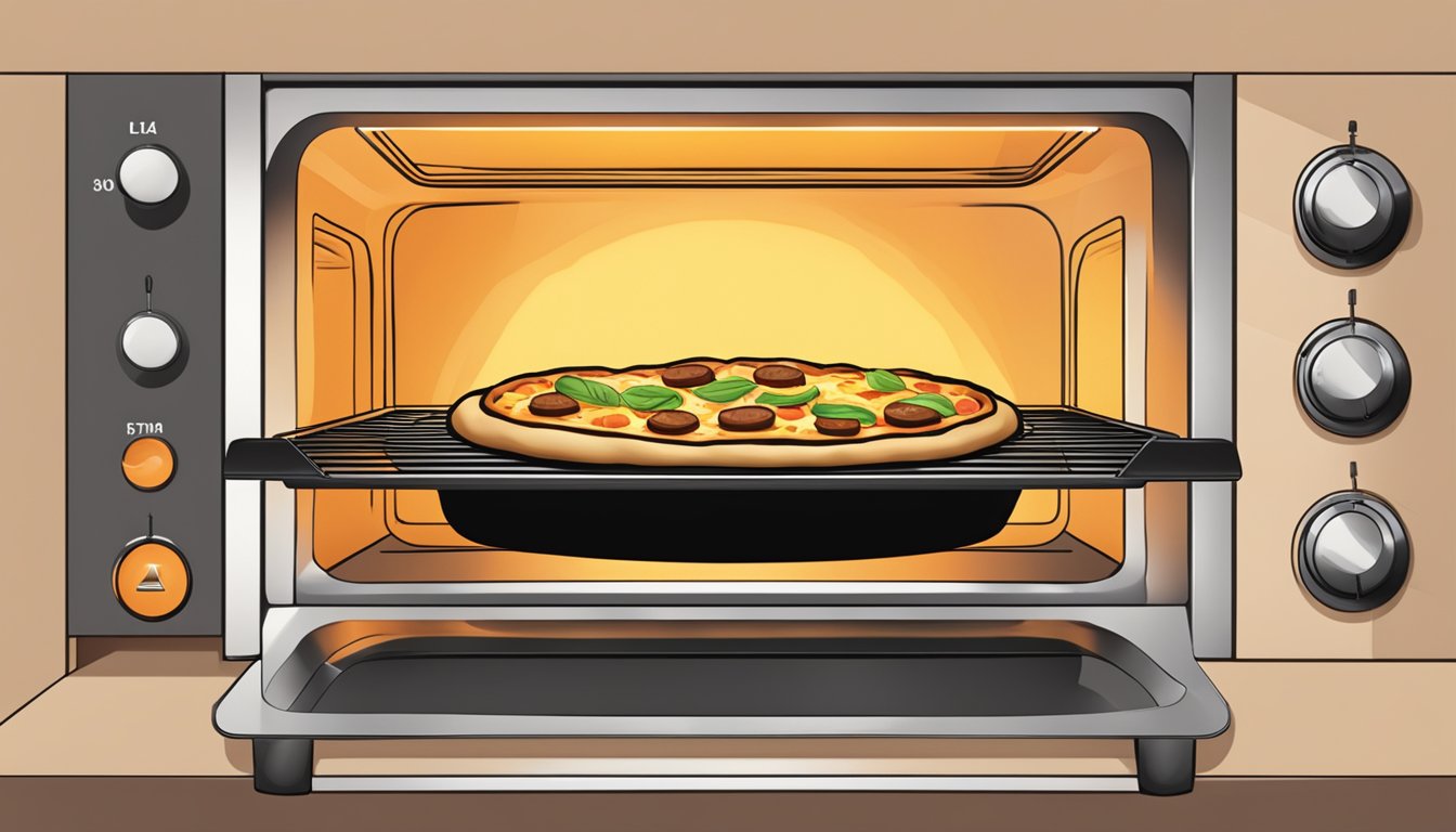 A deep dish sausage pizza being reheated in the oven