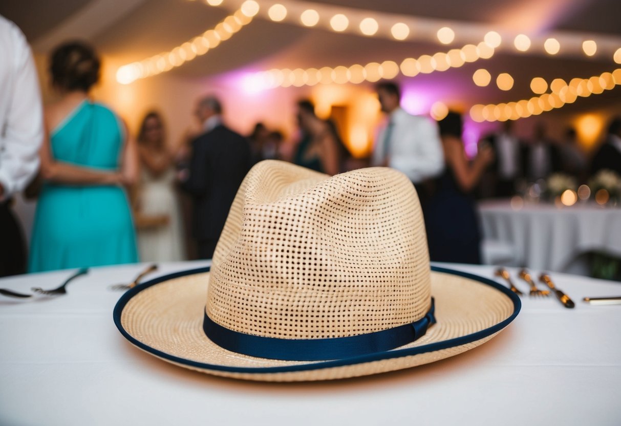 A hat sits on a table at a lively wedding reception