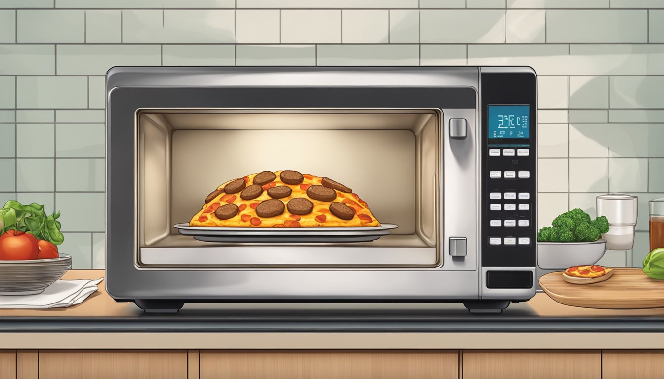 A microwave with a plate of deep dish sausage pizza inside, steam rising from the hot food