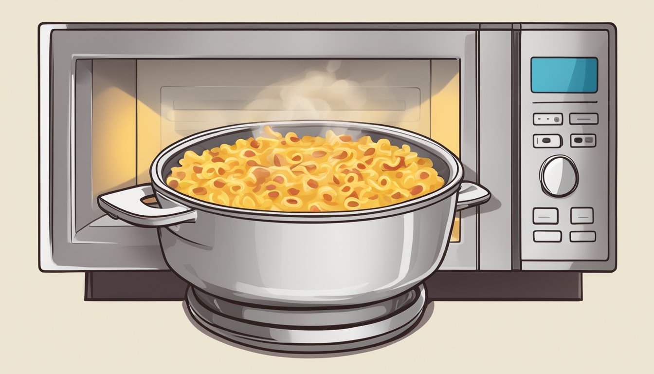 A steaming bowl of bacon mac and cheese being reheated in the microwave