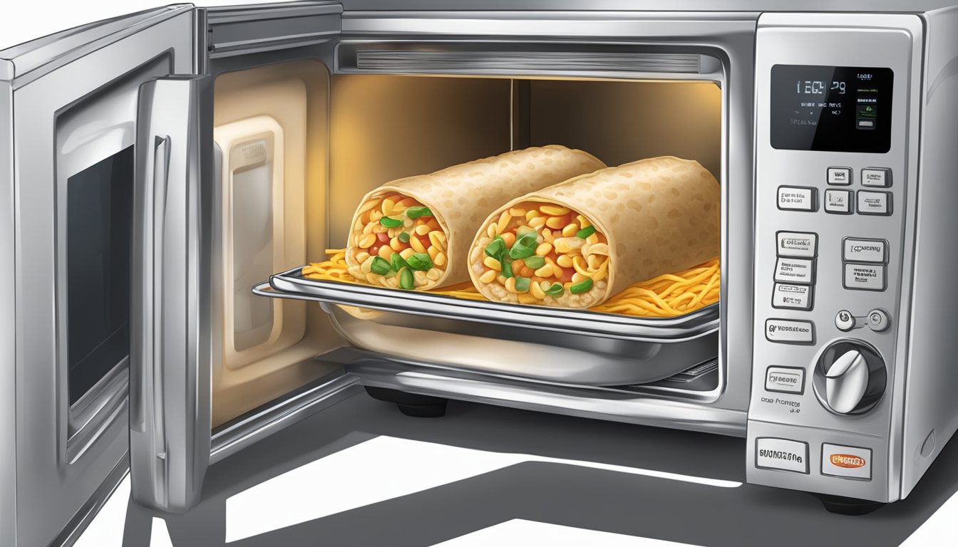 A microwave with an open door and a plate with two El Monterey bean and cheese burritos inside