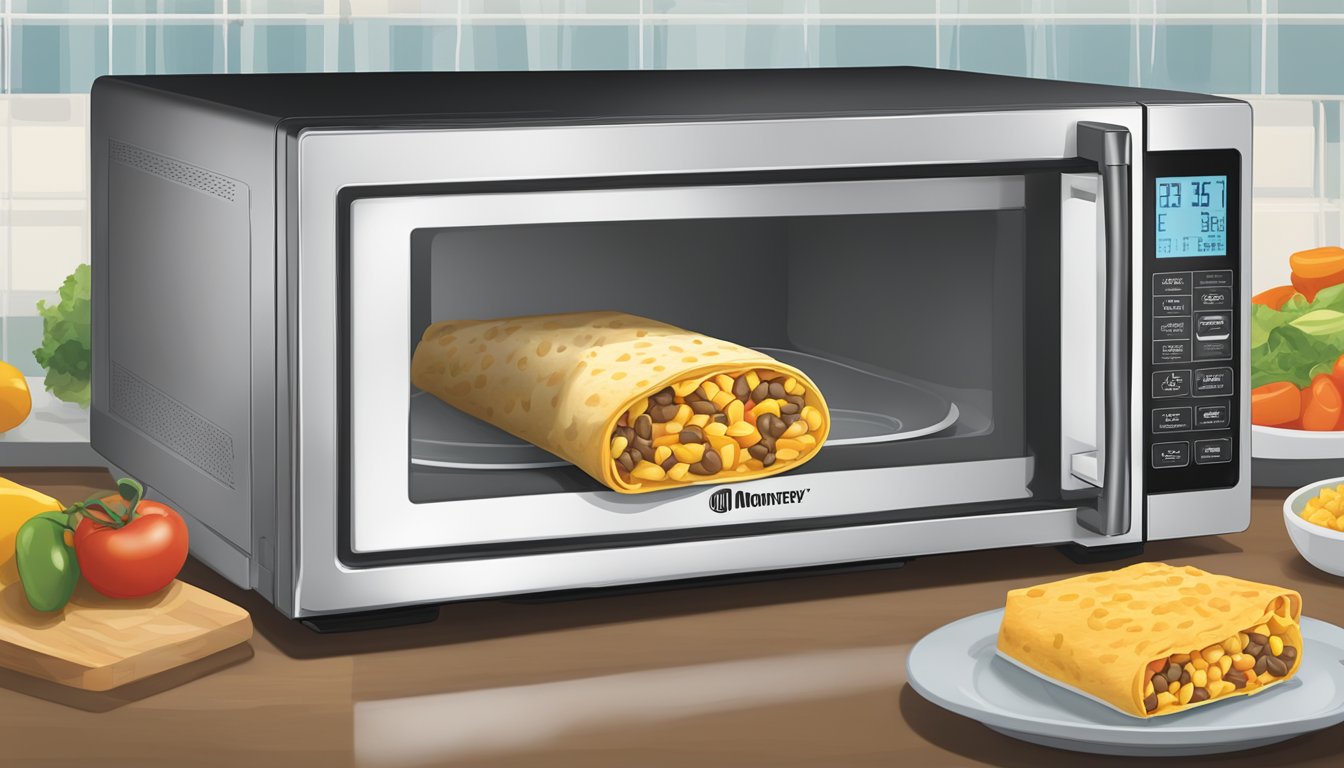 A microwave with a plate of El Monterey bean and cheese burritos inside, a microwave-safe cover, and a timer set for reheating