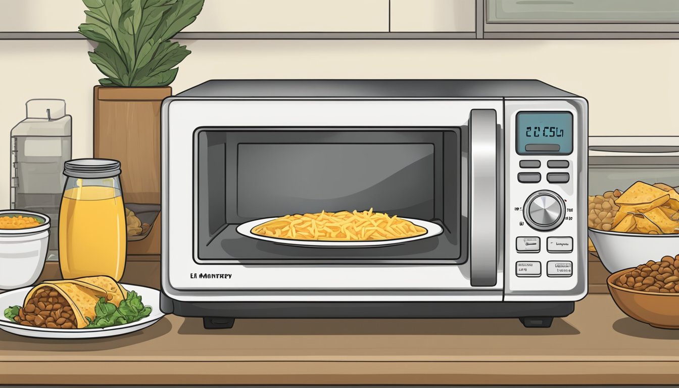 A microwave with a steaming plate of El Monterey bean and cheese burritos inside, a fork next to it, and a timer counting down