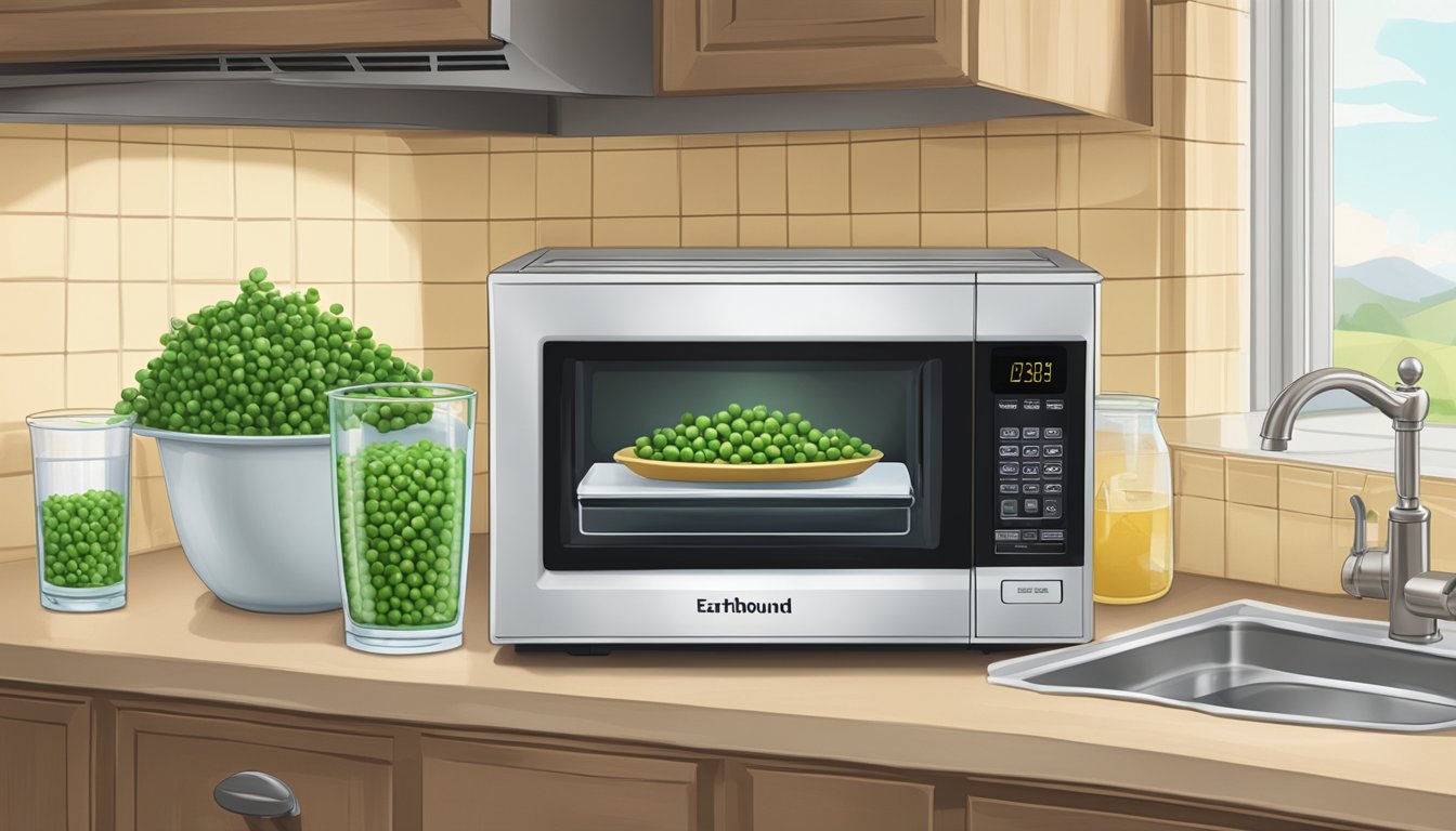 A bowl of Earthbound Farm Organic Peas sits in a microwave next to a glass of water. The microwave door is open, and the timer is set