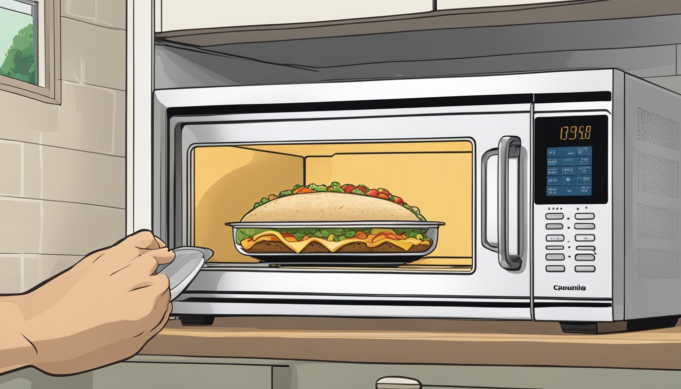 A microwave with an open door, an el monterey breakfast burrito on a microwave-safe plate, and a hand reaching for the microwave controls