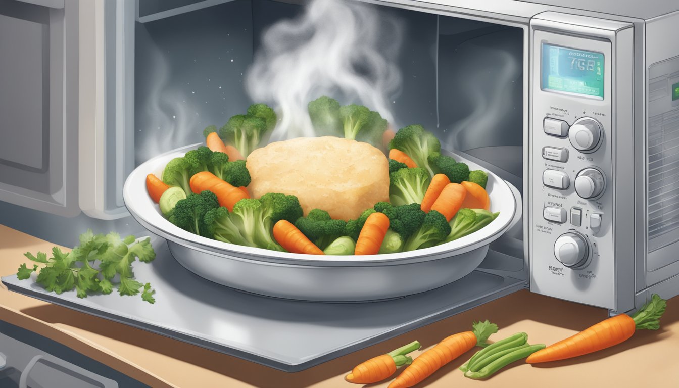 A microwave with a plate of Earthbound Farm organic mixed vegetables inside, steam rising from the hot food