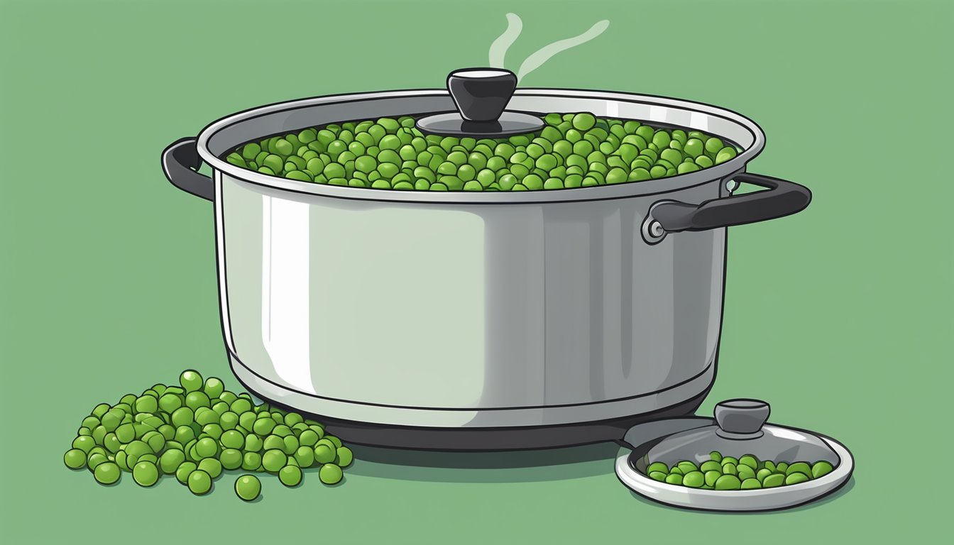 A pot of boiling water with a steamer basket filled with Earthbound Farm organic frozen peas