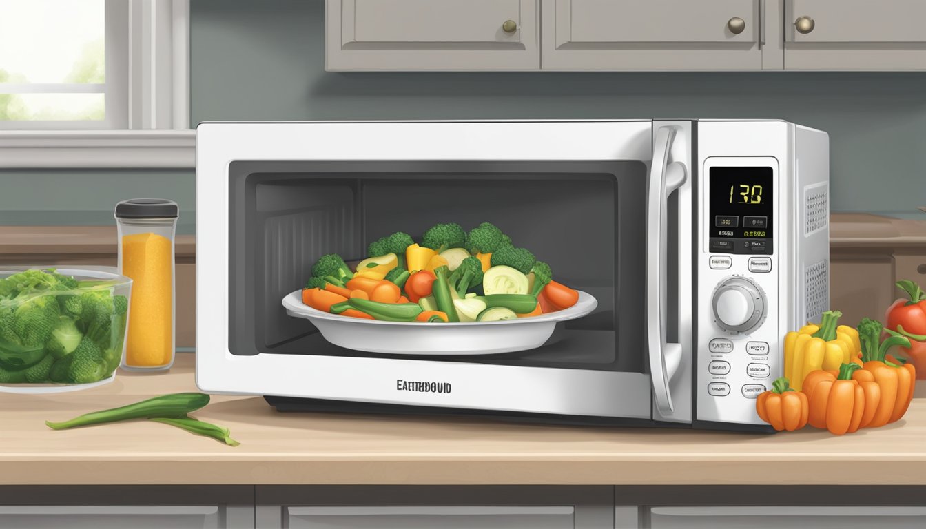 A microwave with a plate of Earthbound Farm Organic Mixed Vegetables inside, with the door closed and the timer set