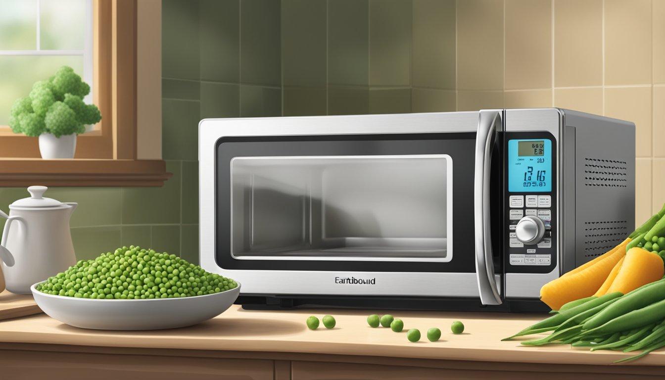 A microwave with a bowl of Earthbound Farm organic peas inside, a timer set, and steam rising from the bowl