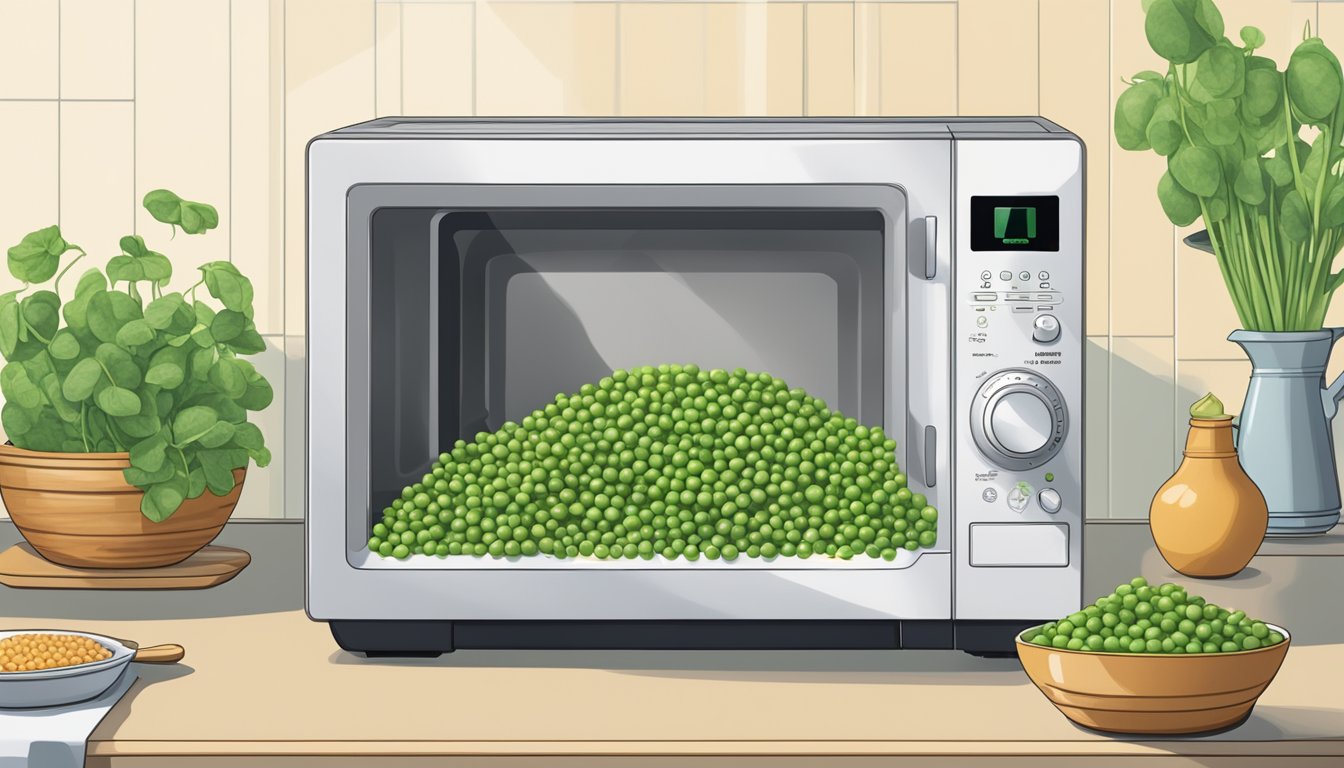 A microwave with a bowl of earthbound farm organic peas inside, steam rising from the hot peas as they are being reheated