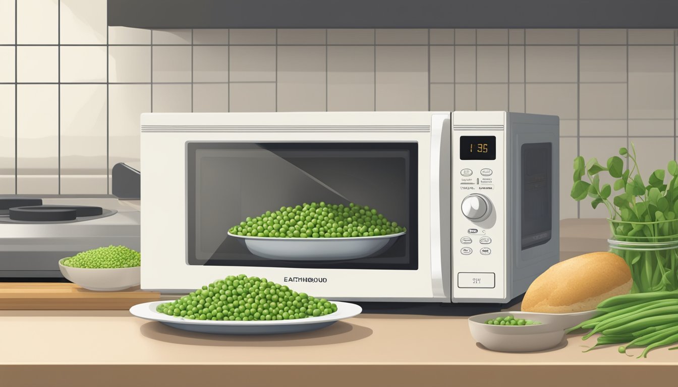 A microwave with a plate of Earthbound Farm organic peas inside, the timer set for reheating