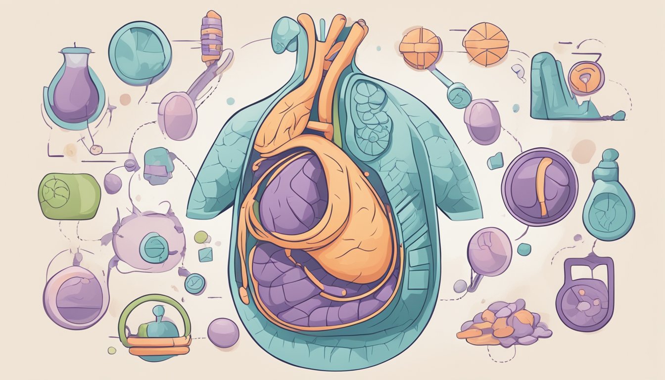 A stomach with visible bloating, surrounded by stress-inducing elements and hormonal symbols