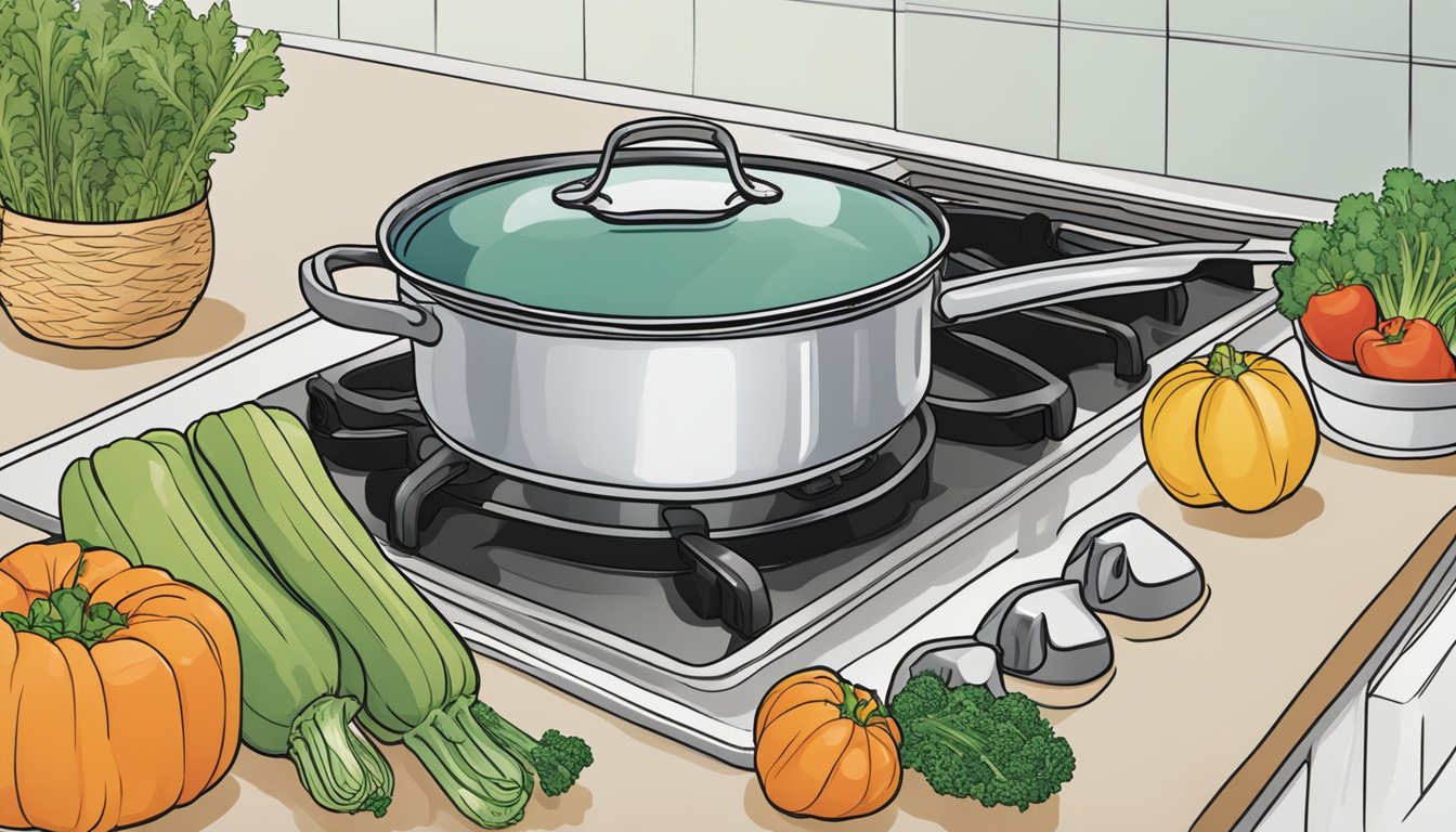 A pot of water boiling on a stovetop, with a steamer basket filled with Earthbound Farm organic mixed vegetables placed on top