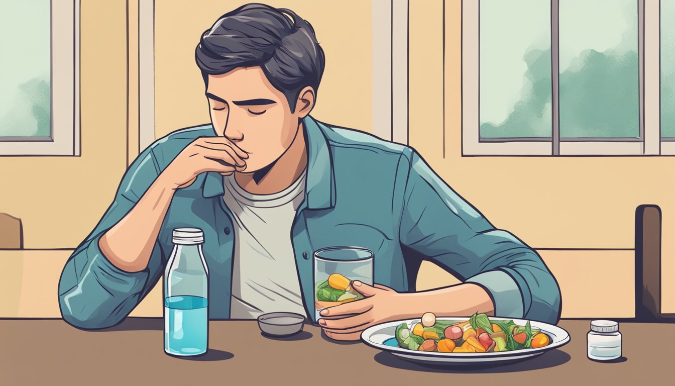 A person sitting at a table with a plate of food, holding their stomach in discomfort. An empty pill bottle and a glass of water are nearby