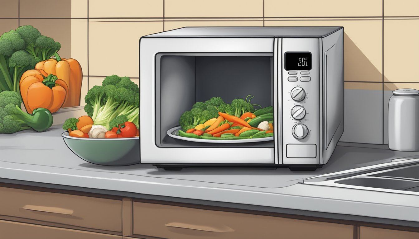 A microwave with a plate of earthbound farm organic mixed vegetables inside, steam rising from the hot food