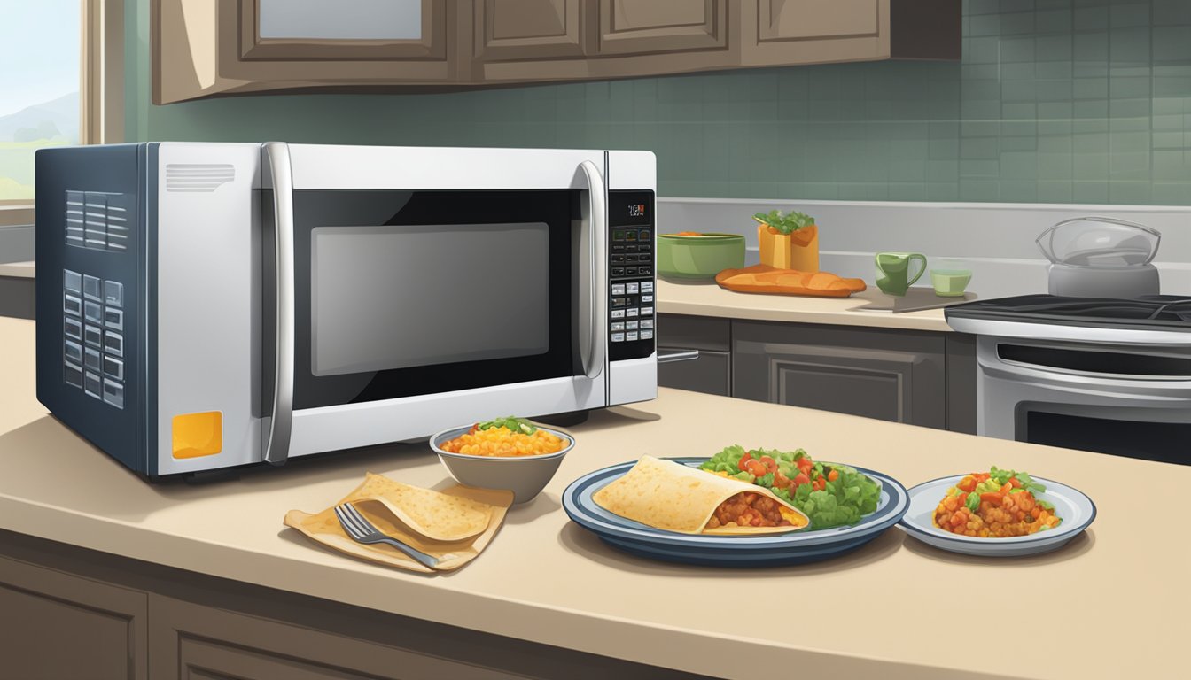 A microwave with a steaming plate of El Monterey breakfast burritos next to a fork and knife on a clean kitchen counter