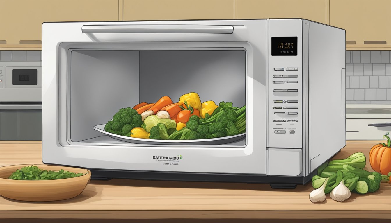 A microwave with a plate of Earthbound Farm organic mixed vegetables inside, rotating as it heats up