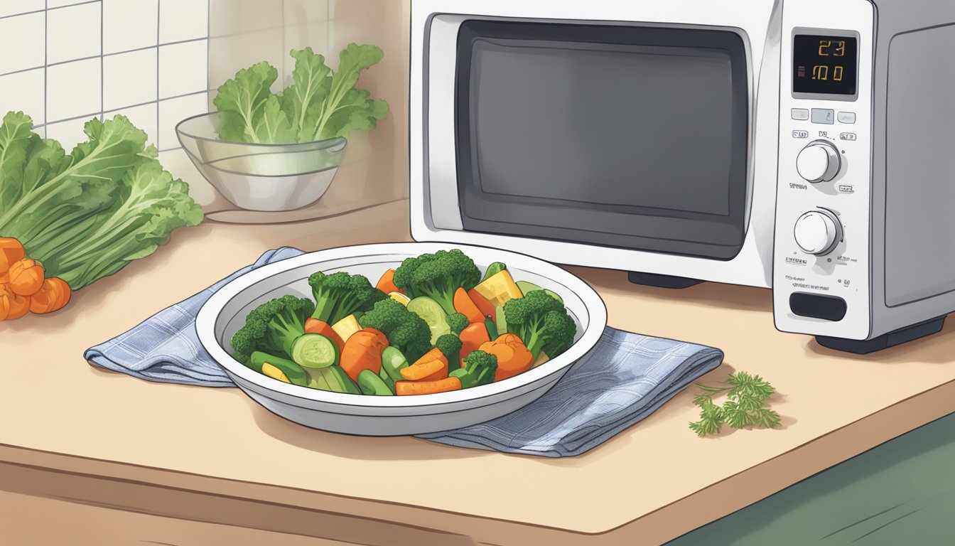 A steaming bowl of Earthbound Farm organic mixed vegetables being reheated in a microwave-safe dish