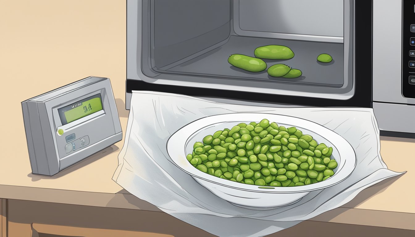 A bowl of edamame sits in a microwave next to a damp paper towel. The microwave door is open, and the edamame is being reheated