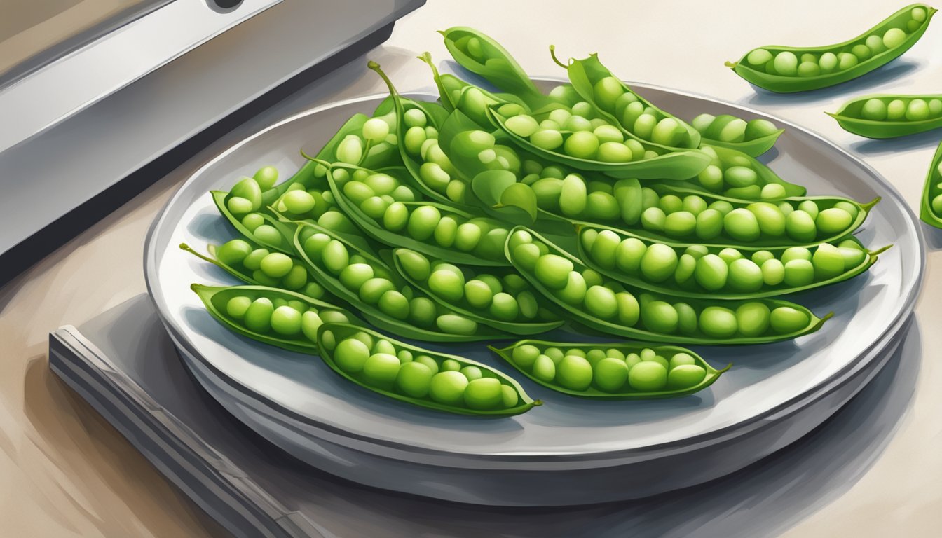 Edamame pods arranged on a microwave-safe plate, with a damp paper towel covering them. Microwave in the background