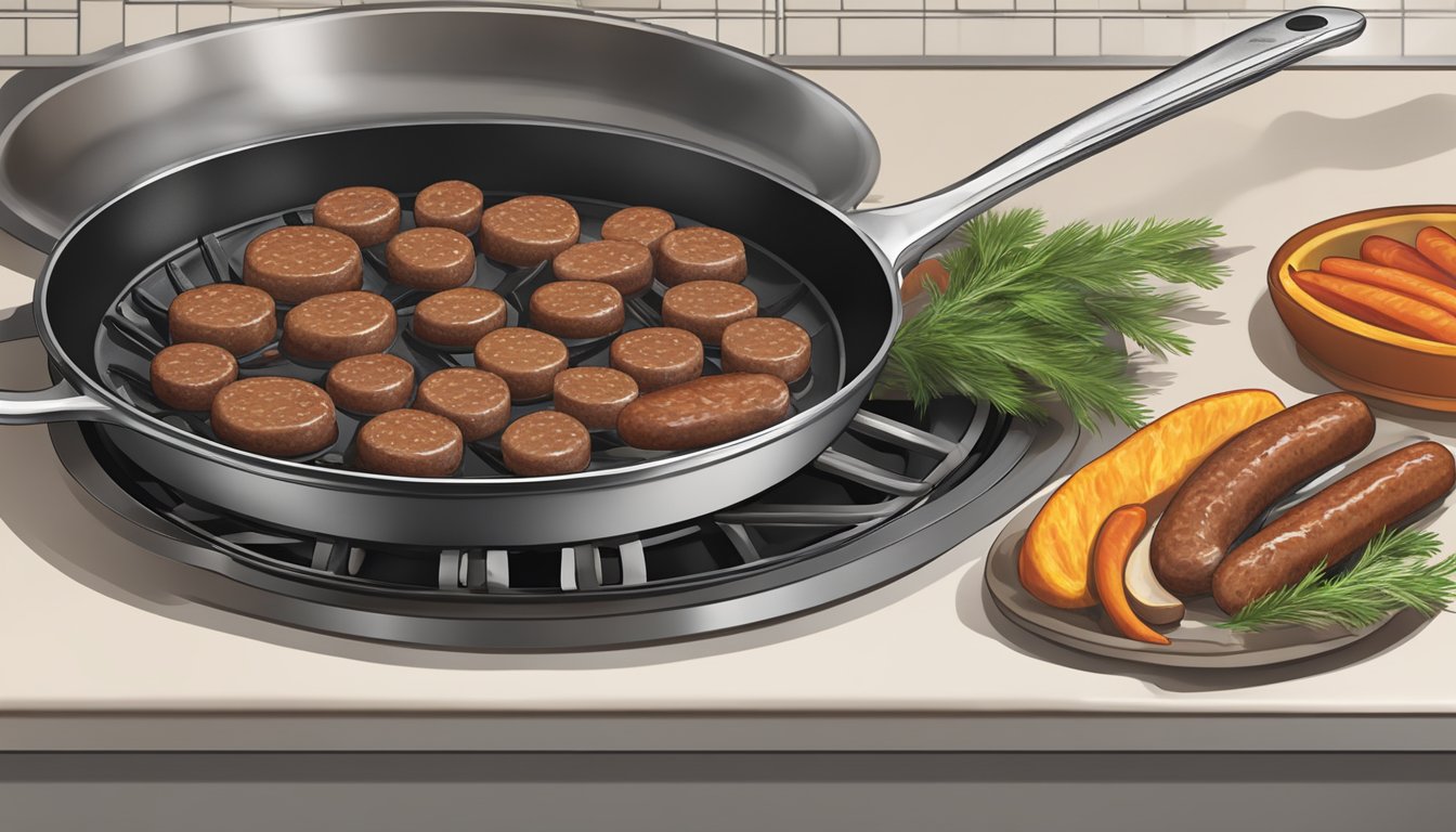 A skillet sizzling with reheating elk sausage over a stovetop flame