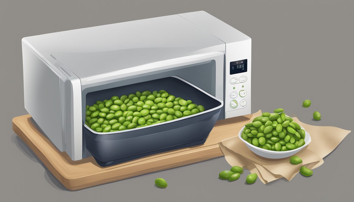 Edamame in a microwave-safe dish, covered with a damp paper towel, next to a microwave