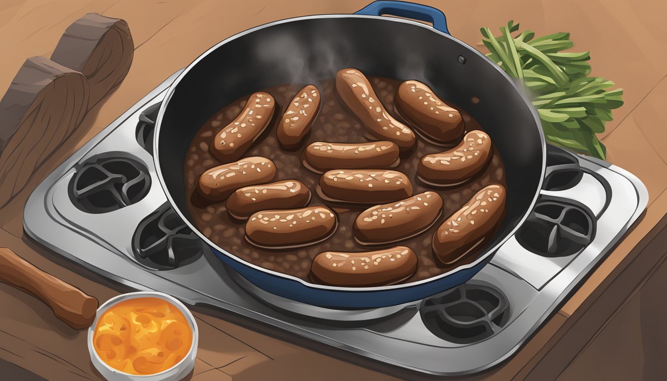 A skillet sizzling with elk sausages being reheated over medium heat on a stovetop