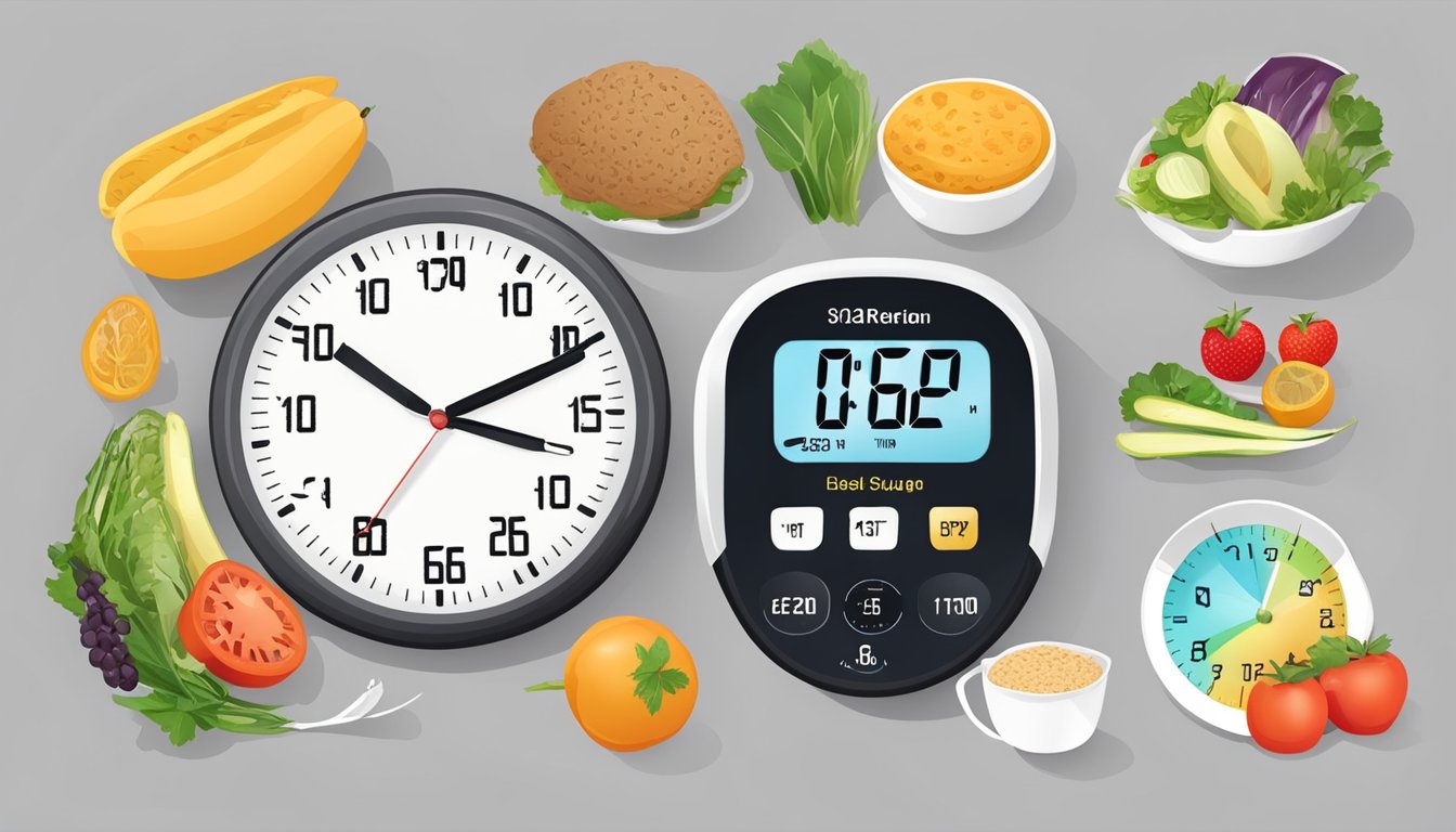 A clock showing different meal times with a scale and a blood sugar monitor