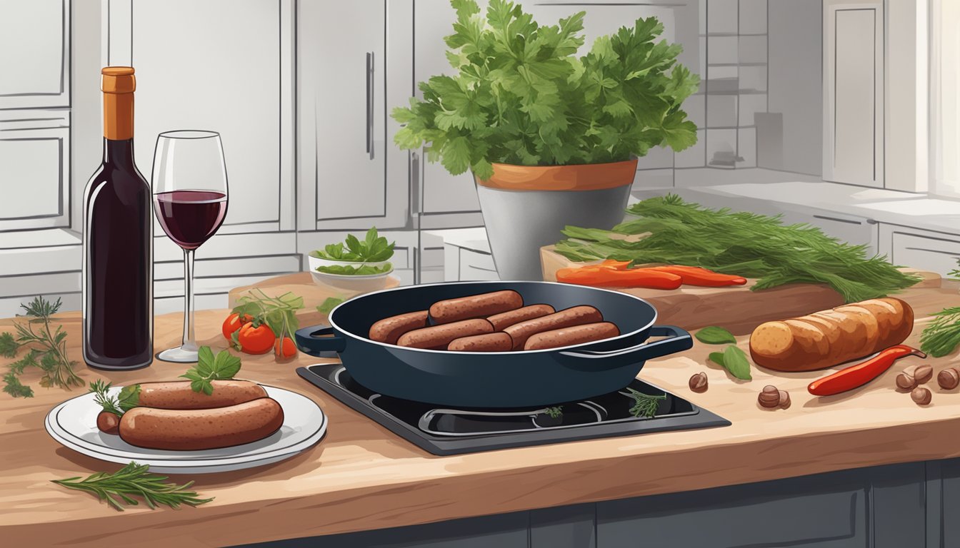 A rustic kitchen counter with a skillet heating elk sausages, surrounded by fresh herbs and spices, with a bottle of red wine nearby