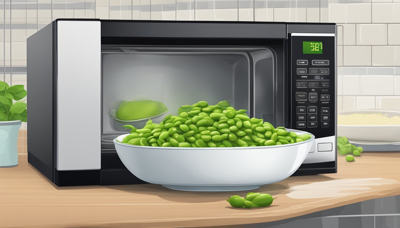 A bowl of edamame sits in a microwave next to a damp paper towel. The microwave door is open, with the timer set for 1-2 minutes