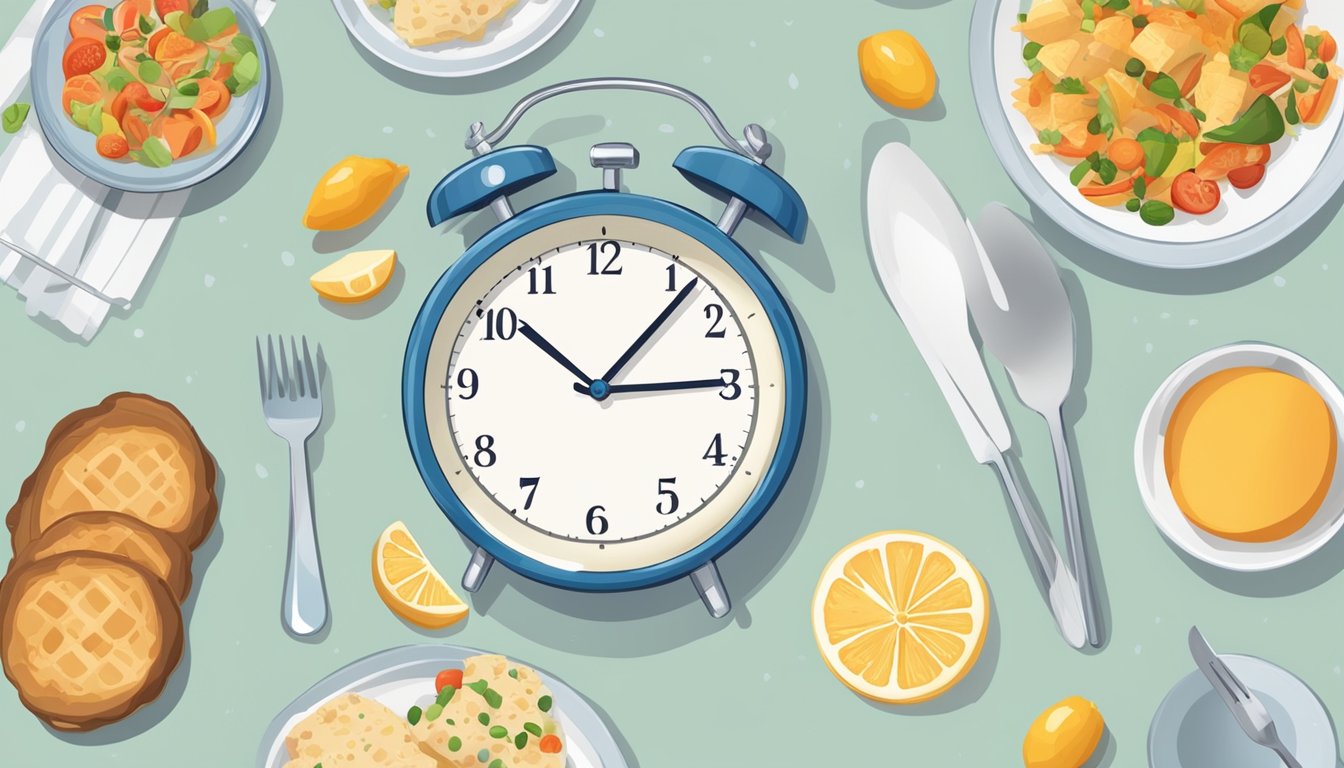 A clock showing different times of day with a plate of food next to it, symbolizing the concept of intermittent fasting and its potential impact on diabetes