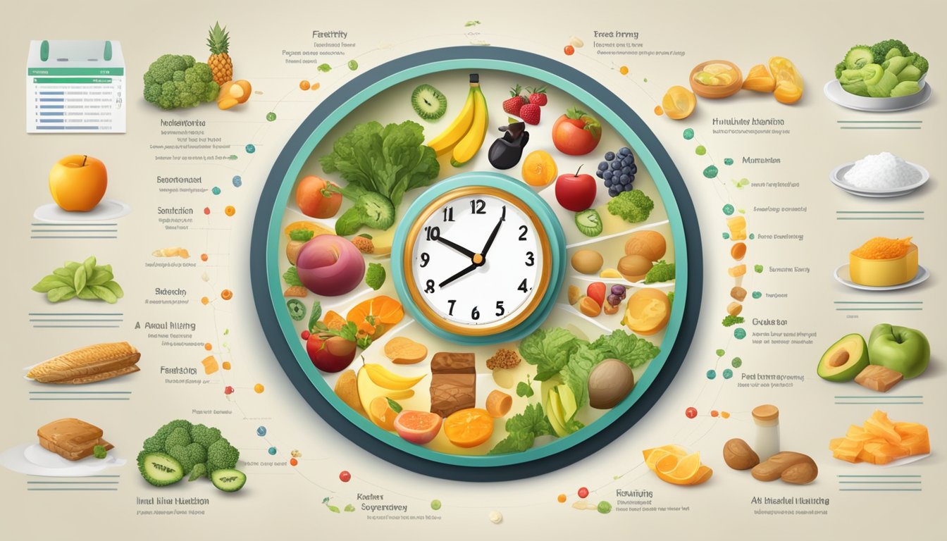 A table with a variety of healthy foods, a clock showing fasting and eating windows, and a diagram of insulin regulation in the body