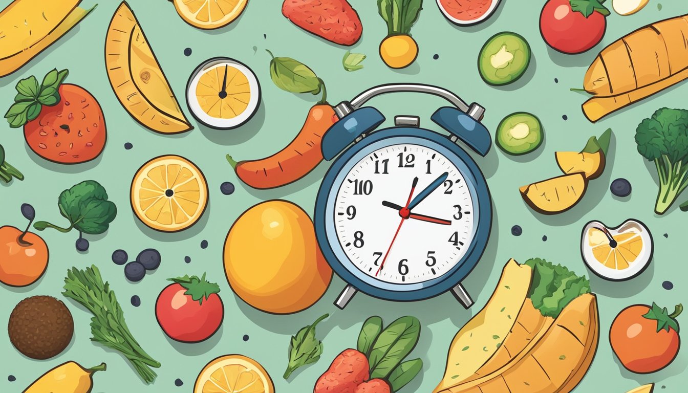 A clock showing different times of day, surrounded by healthy food and a blood sugar monitor, with a question mark symbolizing uncertainty