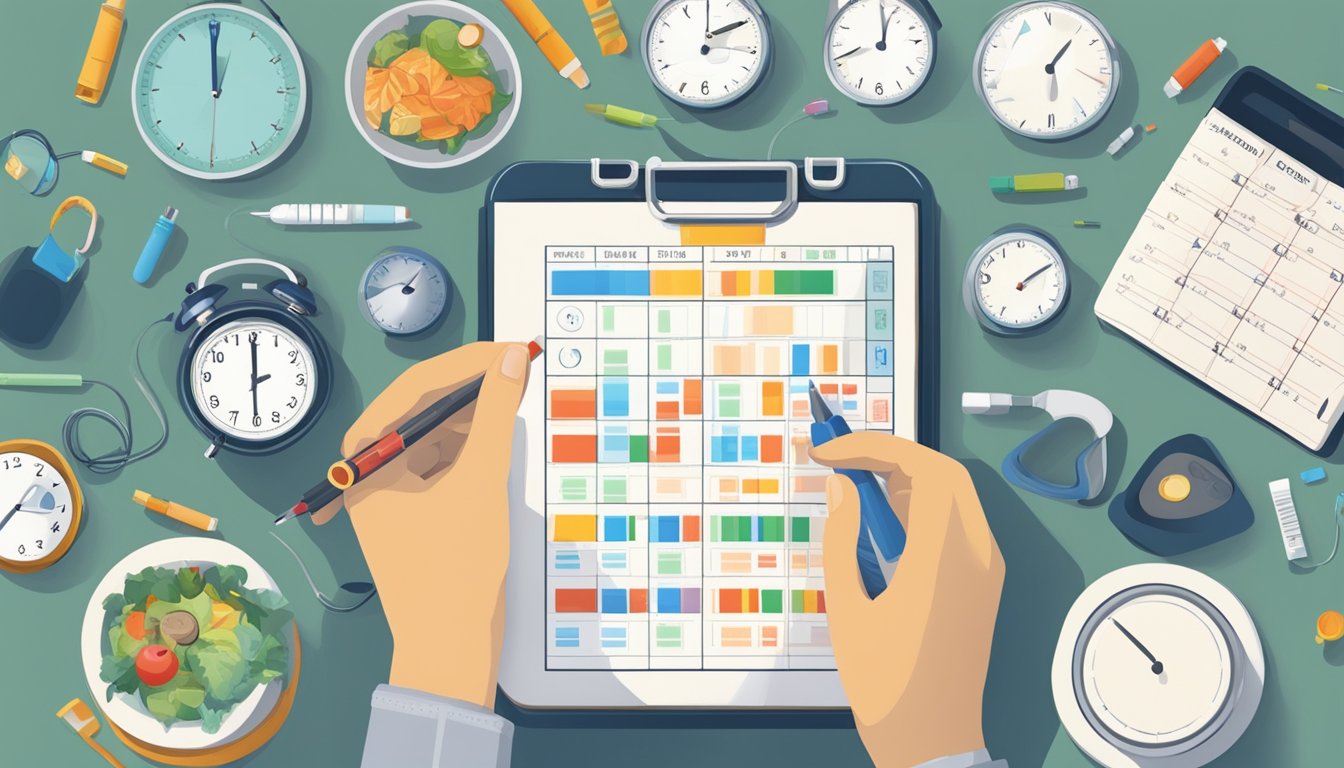 A person adhering to a fasting schedule, surrounded by various time markers and a blood glucose monitor