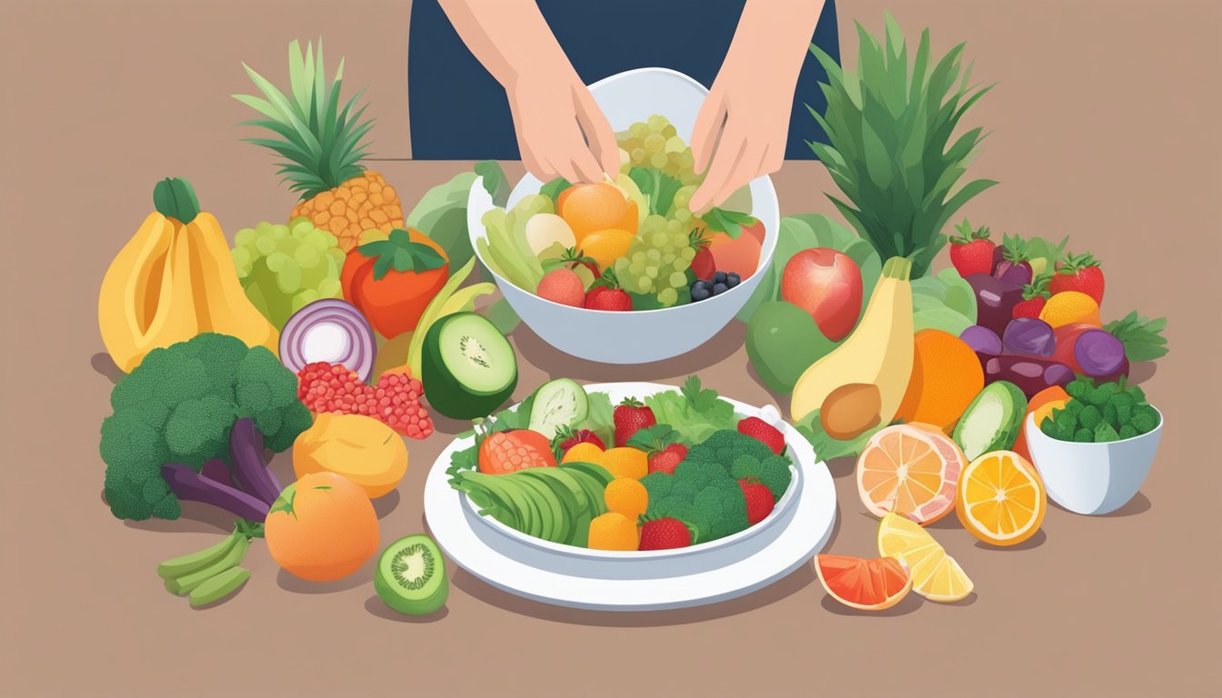 A person preparing a balanced meal with a variety of fruits, vegetables, and lean proteins, while considering the nutritional requirements for intermittent fasting