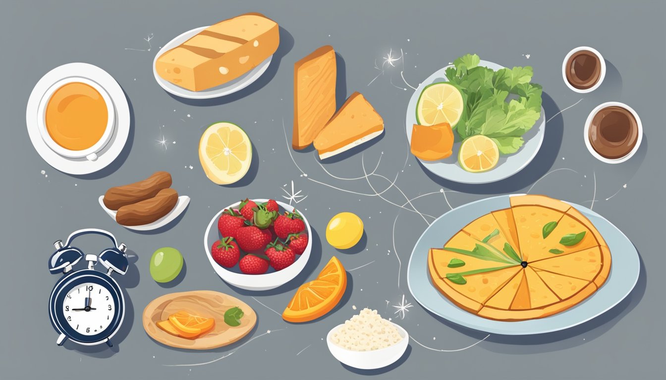 A table with various food items, a clock showing different times, and a graph showing blood sugar levels fluctuating