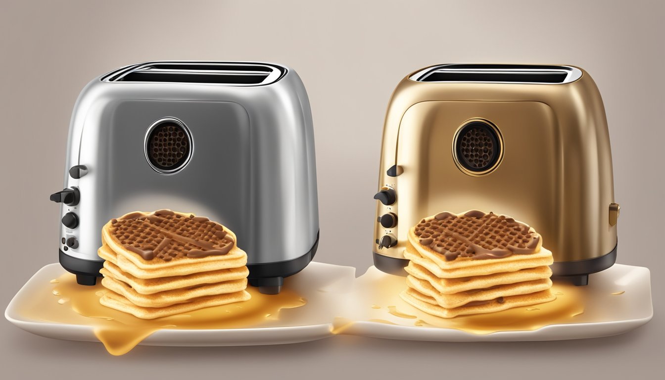 A toaster with two chocolate chip Eggo waffles inside, golden and crispy, with steam rising from them