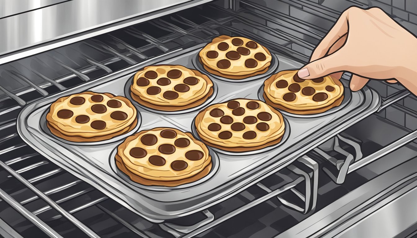 A hand placing Eggo chocolate chip waffles on a baking sheet in the oven