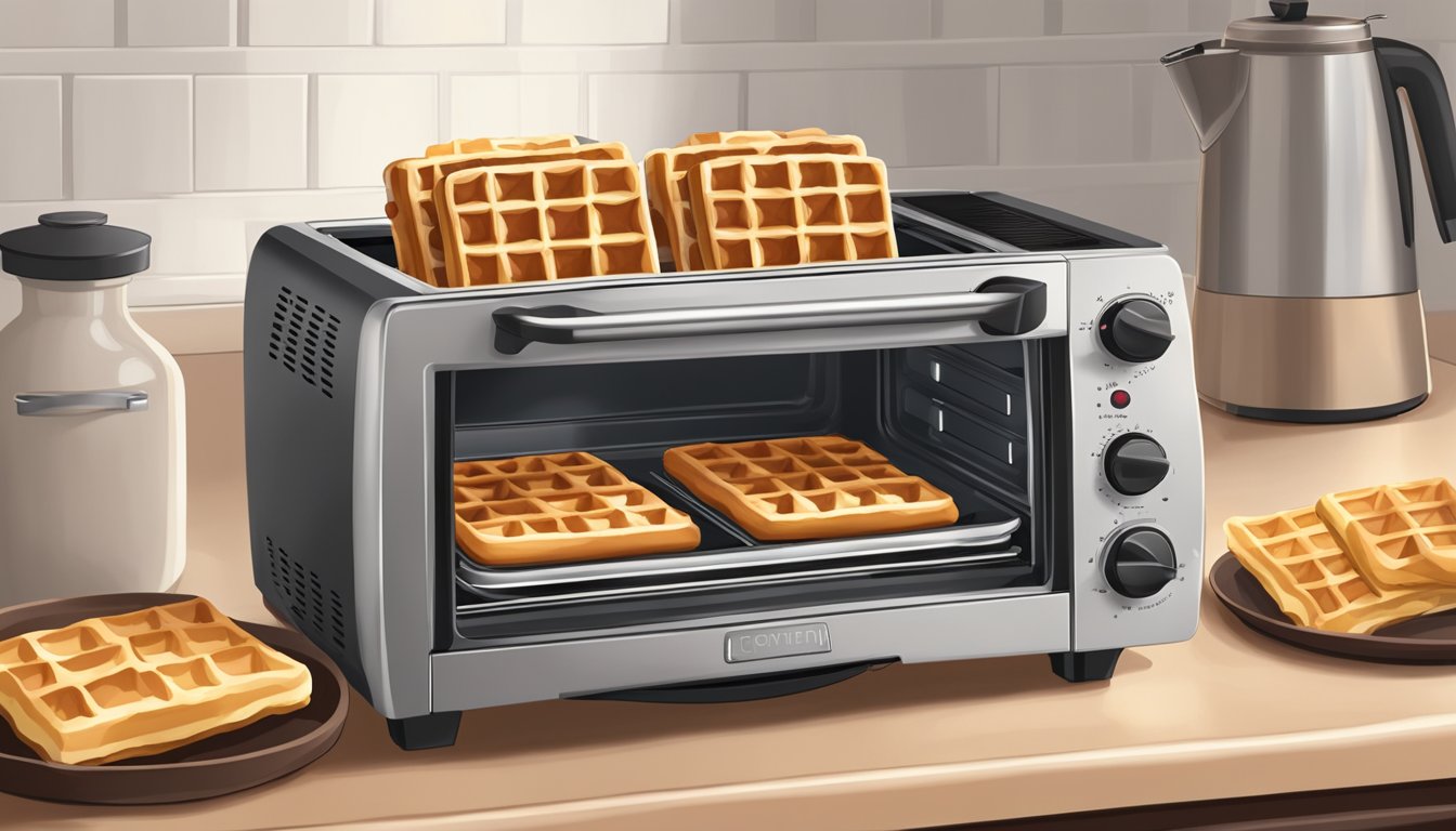 A toaster oven with a tray of chocolate chip waffles inside, set to a medium heat, with the waffles beginning to brown and emit a warm, sweet aroma