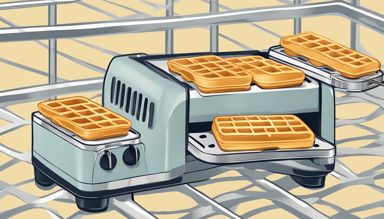 A toaster set to a medium-high heat setting with two Eggo buttermilk waffles inside, ready to be reheated for a perfect crispy finish