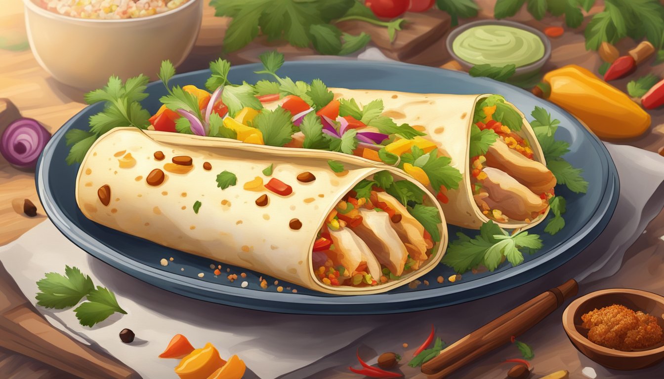 A steaming plate with a reheated chicken burrito, surrounded by colorful spices and fresh herbs for added flavor and texture