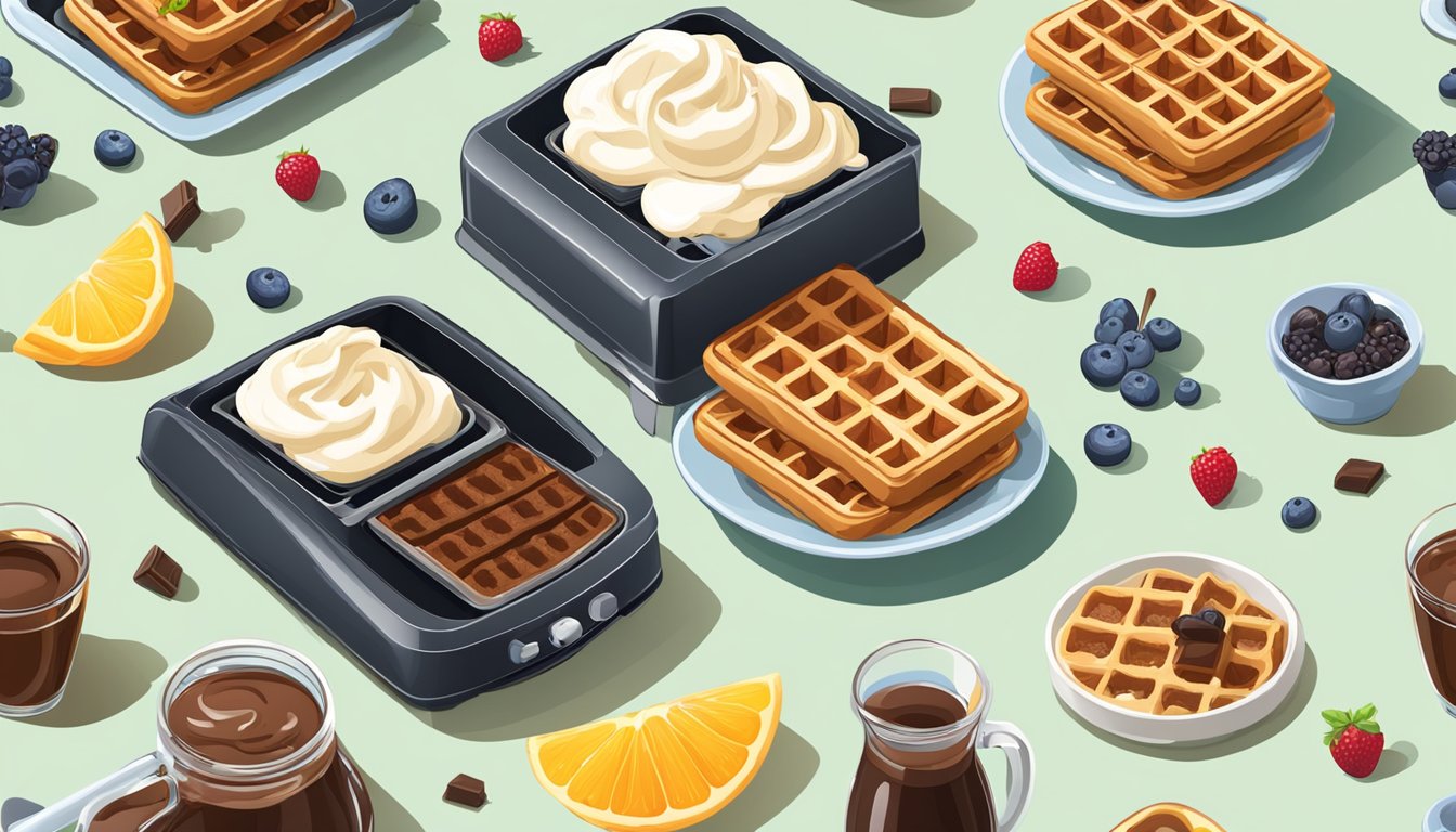 A toaster with two chocolate chip waffles popping out, surrounded by various topping options such as syrup, whipped cream, and fresh fruit