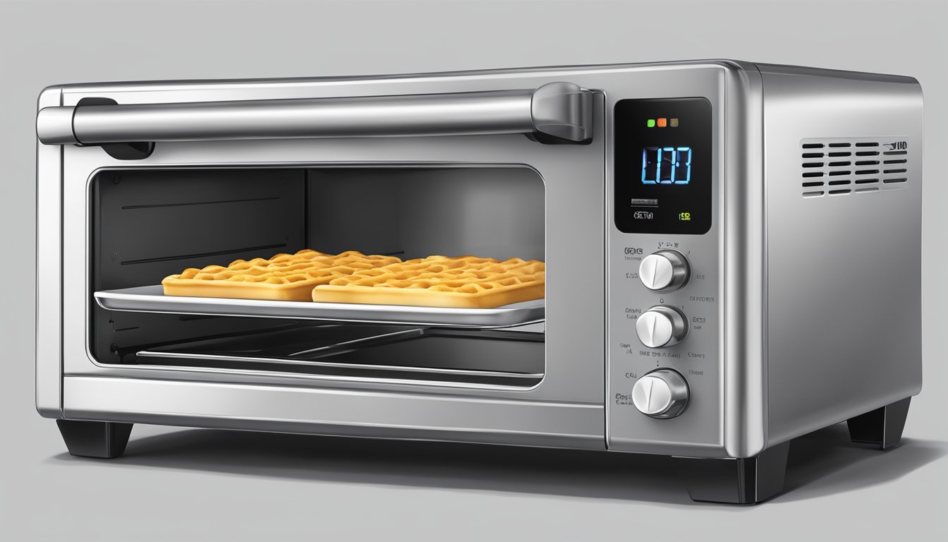 A toaster oven with golden Eggo waffles inside, emitting a warm, inviting aroma