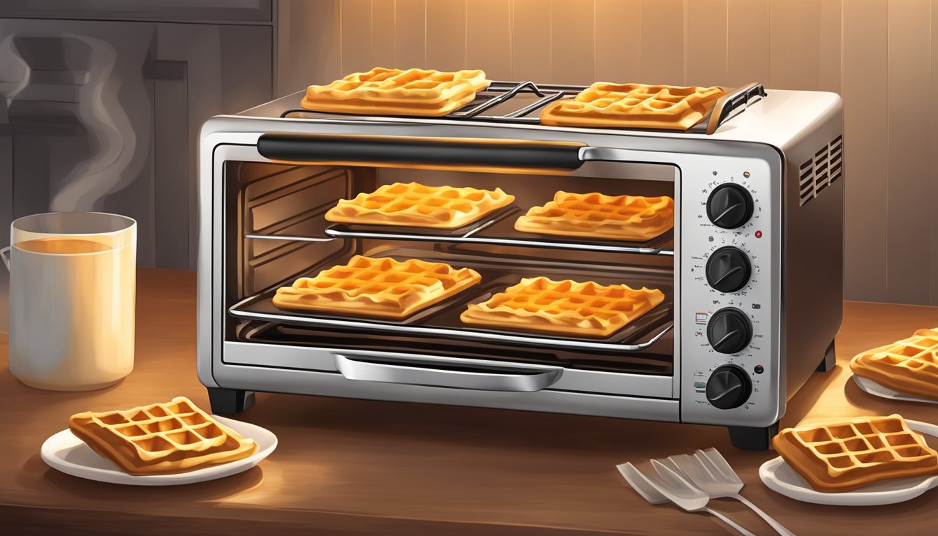 A toaster oven with two chocolate chip waffles inside, set to reheat, emitting a warm glow