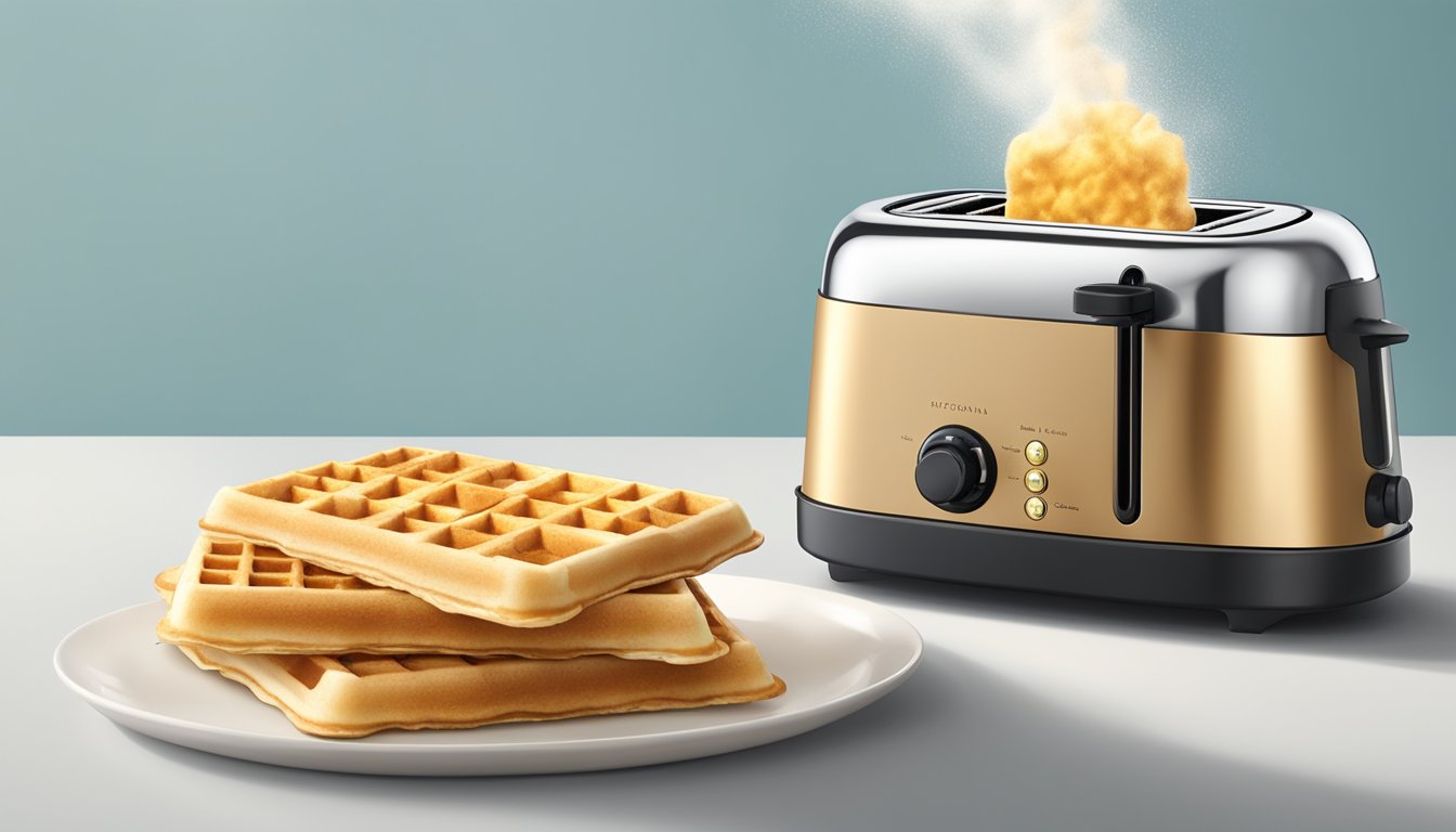 A toaster set to a medium-high setting with two golden-brown Eggo buttermilk waffles popping up, steam rising from their crispy edges