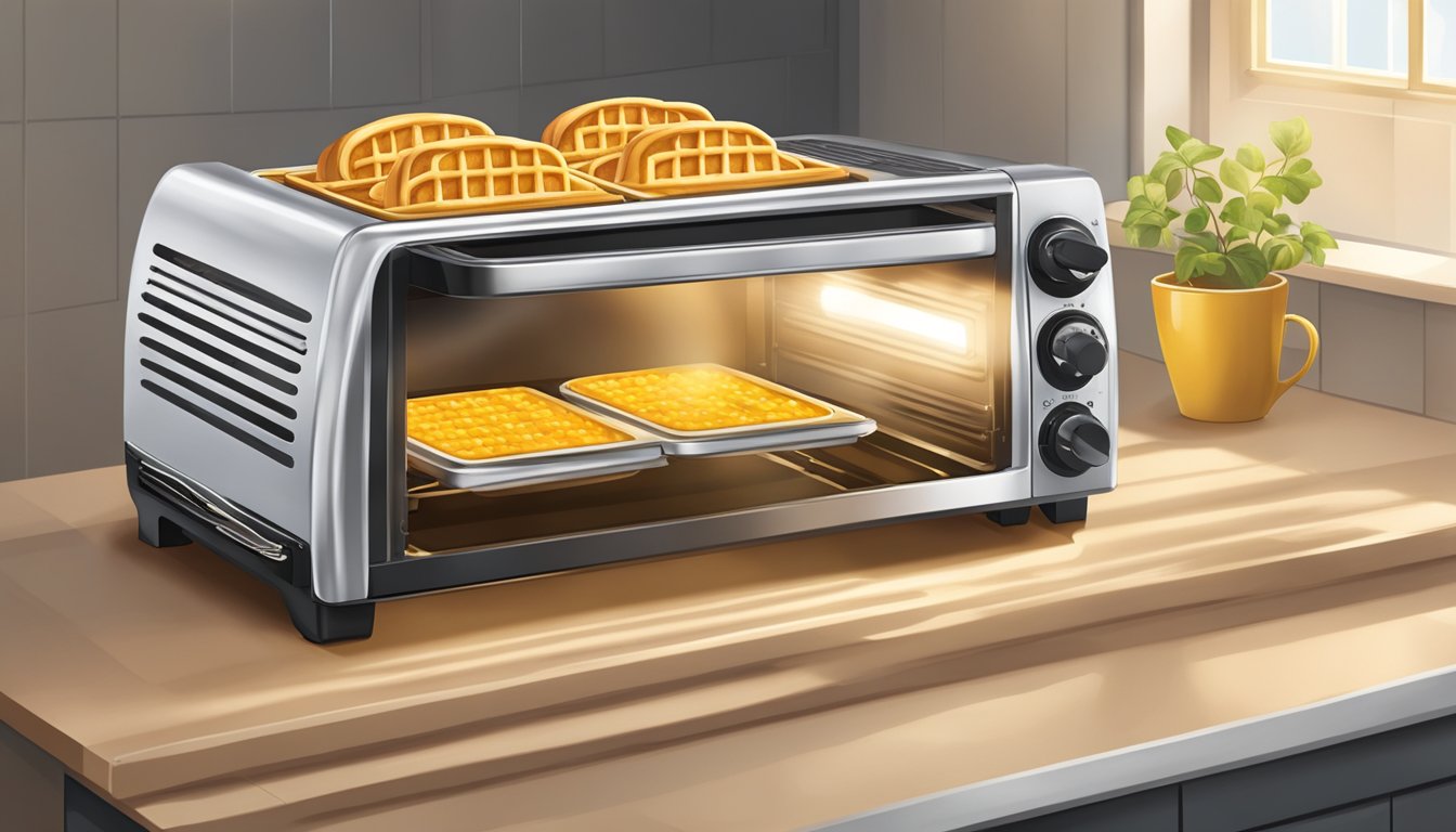 A toaster oven with golden Eggo buttermilk waffles inside, emitting a warm, inviting aroma