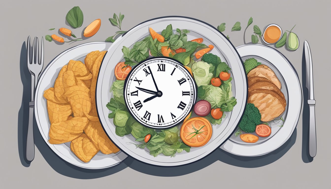 A person's stomach tied in knots as a clock and a plate of food sit side by side, representing the struggle of adjusting fasting protocols for sensitive individuals