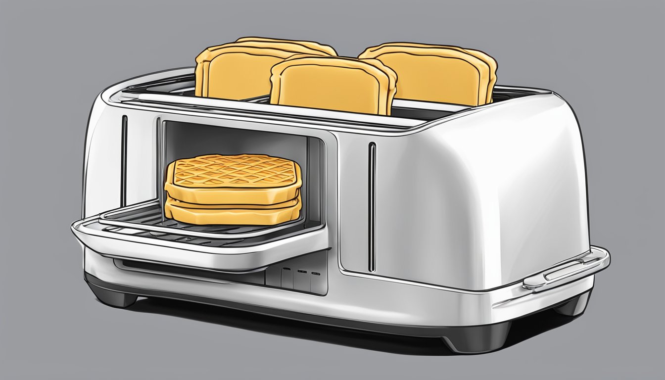 A toaster with two eggo homestyle waffles inside, ready to be reheated