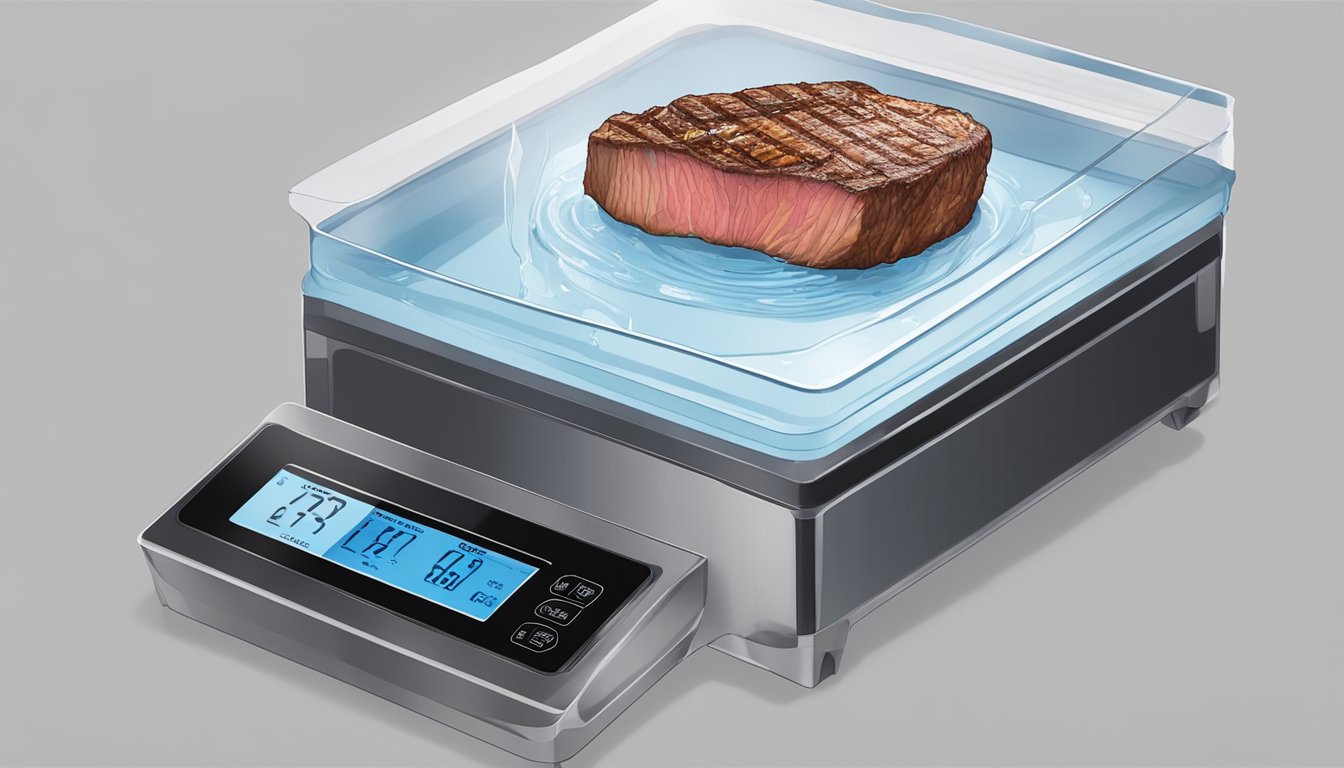 A vacuum-sealed bag of evol fire grilled steak immersed in a temperature-controlled water bath for sous vide reheating